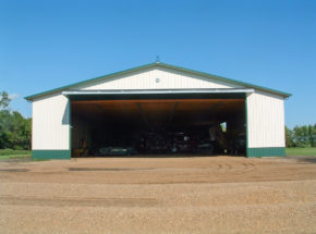 Front view of Morton building farm equipment storage bi-fold door