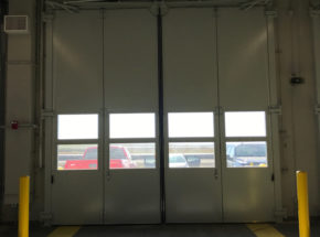 Vertical bi-fold airport door